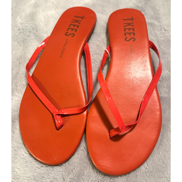 TKEES Flip Flops Women's Lip Glosses Thin Strap Coral Orange Flats Sandals sz 9 - Picture 1 of 4